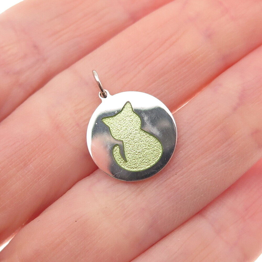 925 Sterling Silver Green Enamel Cat Round Tag Mini Charm Pendant